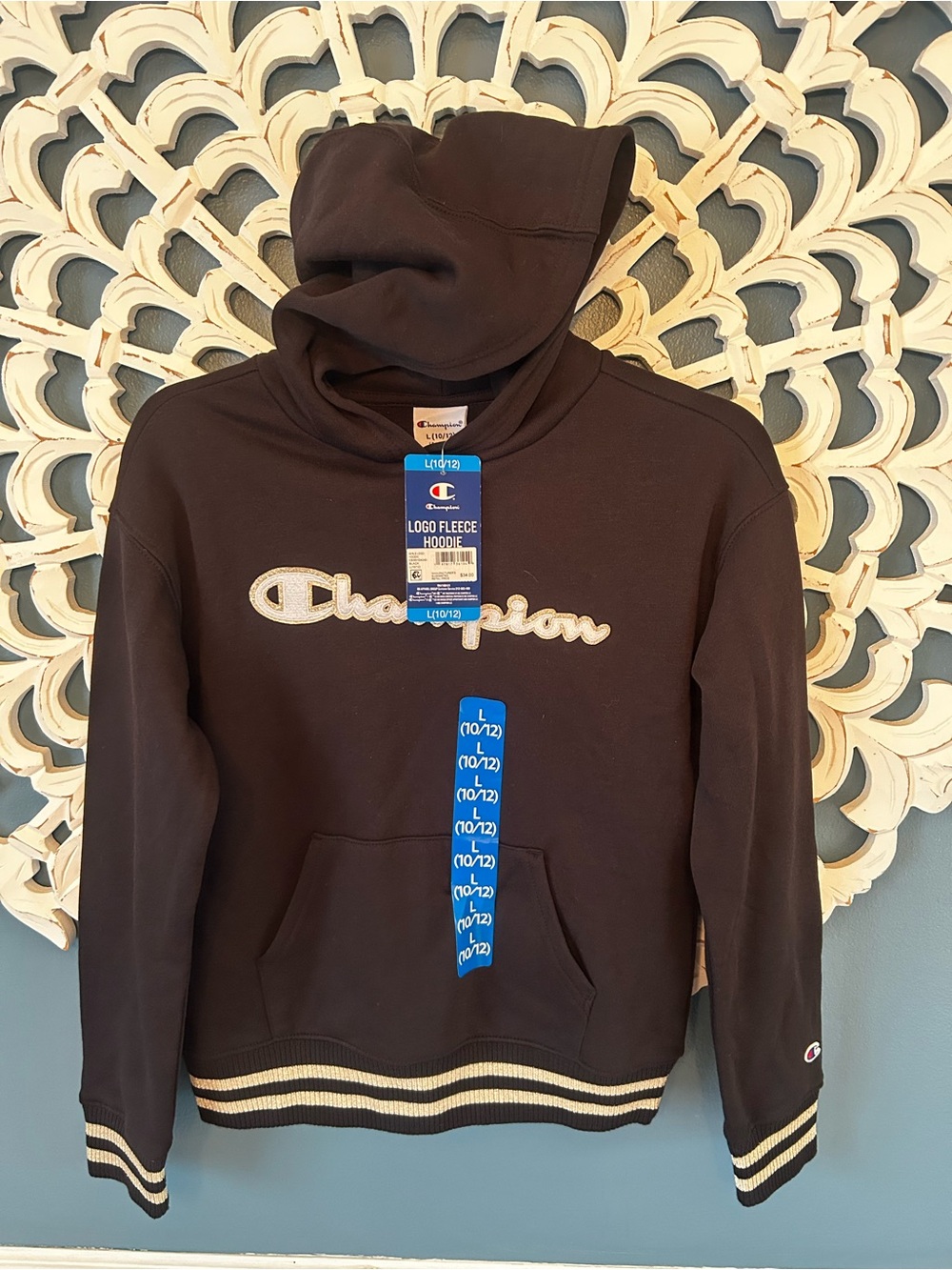 NWT Girls Champion Black Logo Fleece Hoodie with a textured metallic script